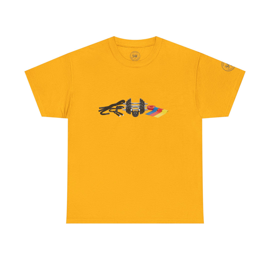 Gold t-shirt by S&amp;W Gallus, featuring an illustration of exercise equipment on the chest.