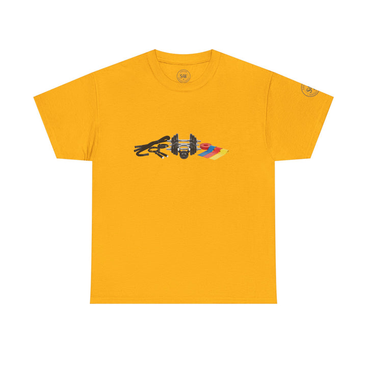 Gold t-shirt by S&amp;W Gallus, featuring an illustration of exercise equipment on the chest.