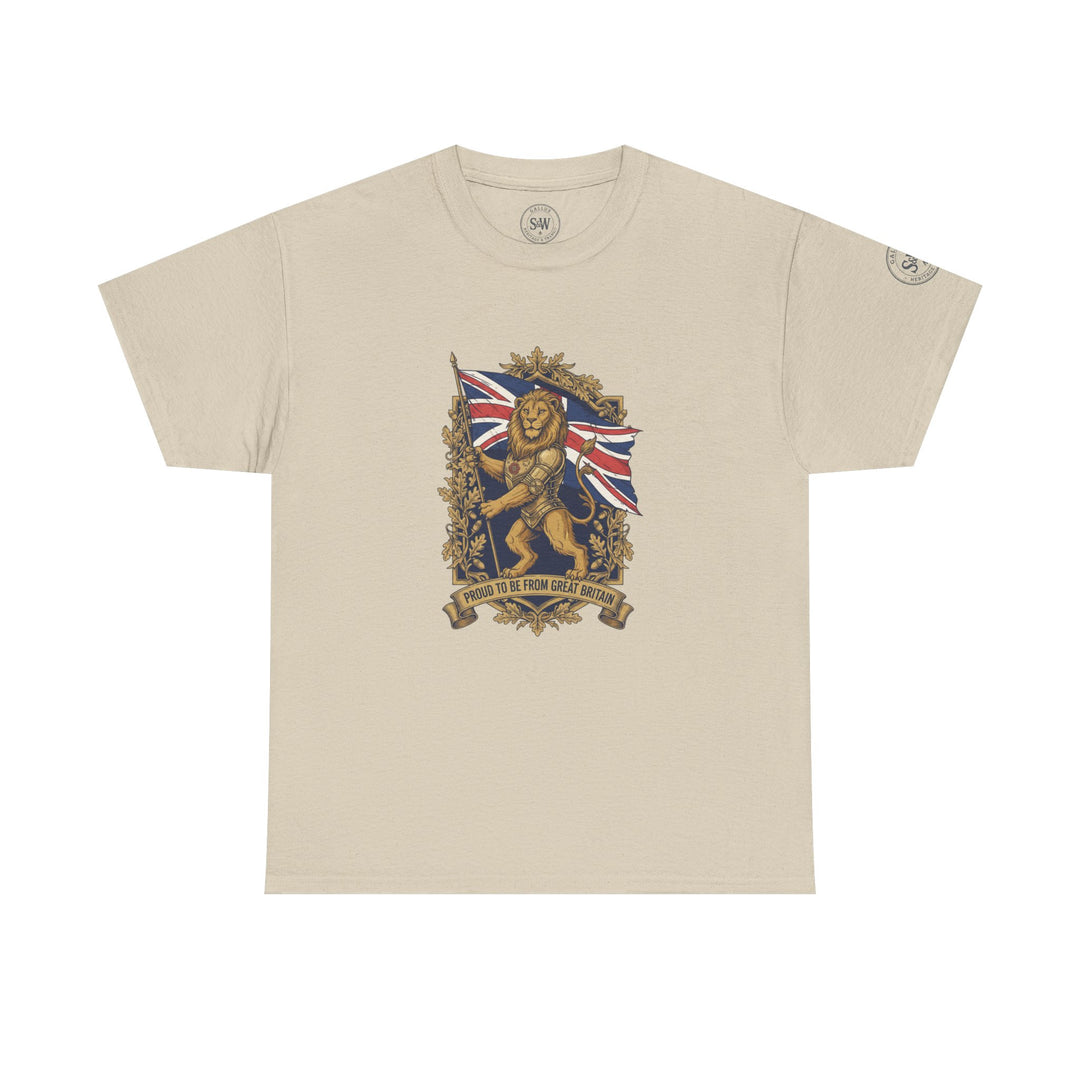Beige t-shirt from S&amp;W Gallus, featuring a lion crest with the Union Jack and "Proud to be from Great Britain" text.