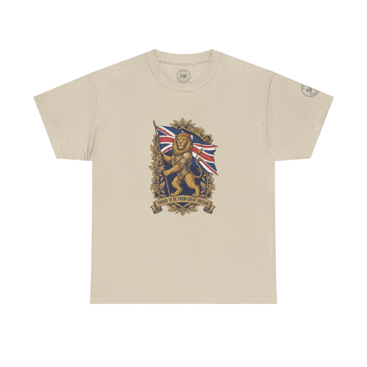 Beige t-shirt from S&amp;W Gallus, featuring a lion crest with the Union Jack and "Proud to be from Great Britain" text.