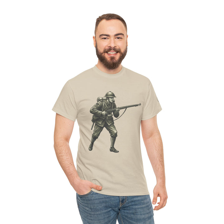 Beige graphic t-shirt with vintage WWI soldier illustration by S&amp;W Gallus, worn with blue jeans.