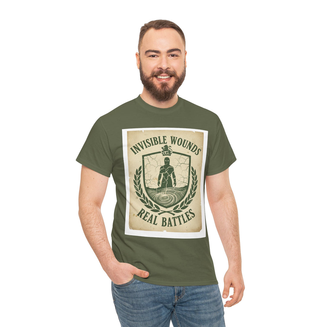 Olive green t-shirt by S&amp;W Gallus featuring a graphic design with "Invisible Wounds Real Battles" text, worn with jeans.