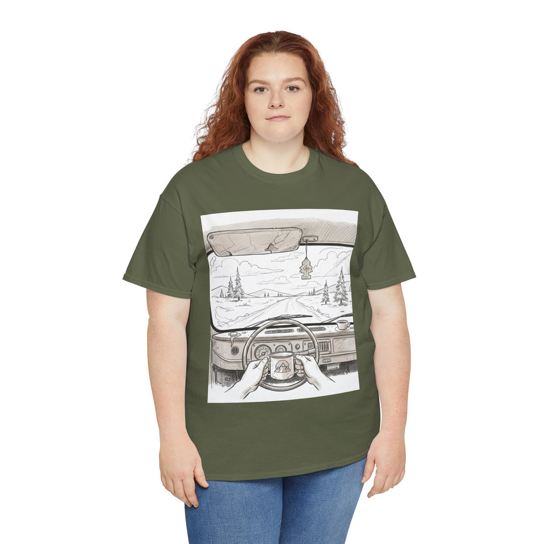 Scenic Drive Van Illustration Tee – soft cotton with a detailed van and landscape design. Perfect for road trips, outdoor adventures, and casual wear.