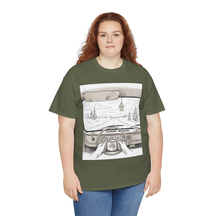 Scenic Drive Van Illustration Tee – soft cotton with a detailed van and landscape design. Perfect for road trips, outdoor adventures, and casual wear.
