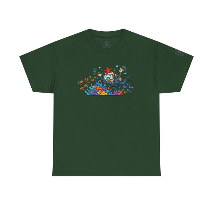 Green t-shirt by S&amp;W Gallus featuring a cartoon scuba diver surrounded by coral and fish.