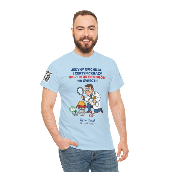 Light blue T-shirt with a pierogi inspector design by S&amp;W Gallus, worn with jeans.
