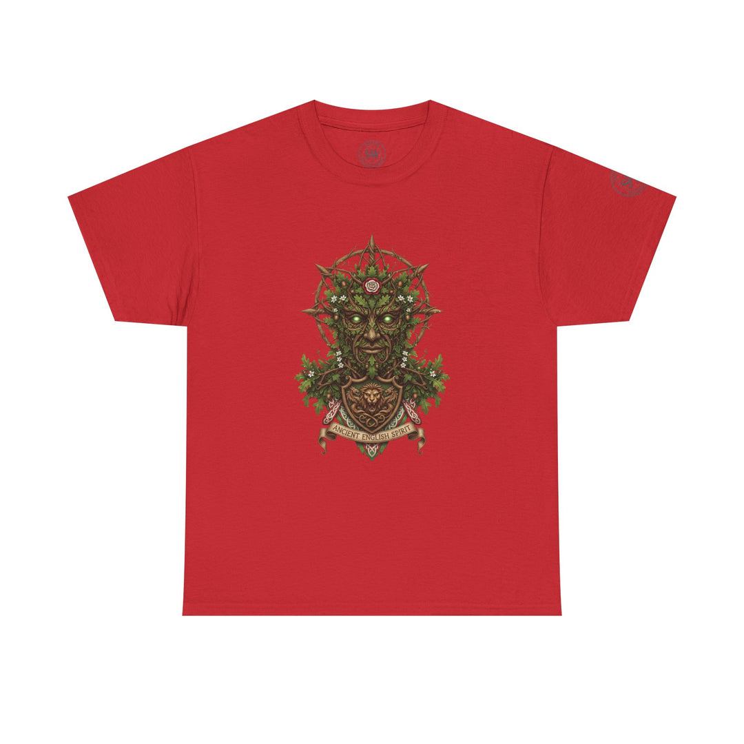 Red England Green Man Mythic T-shirt by S&amp;W Gallus, featuring a folklore-inspired graphic design with decorative elements.