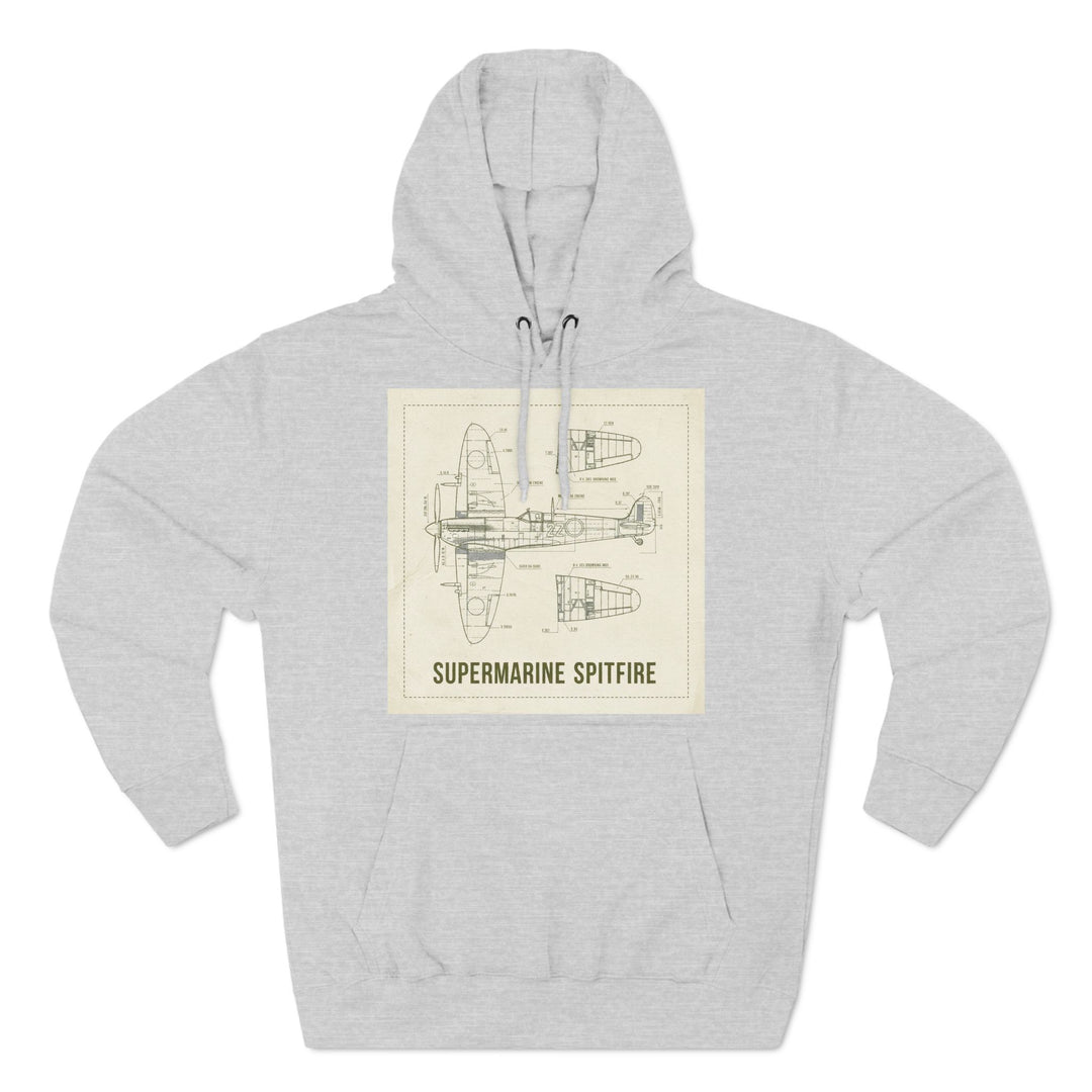 Heather grey hoodie by S&amp;W Gallus featuring a vintage WWII Spitfire blueprint graphic on the front.