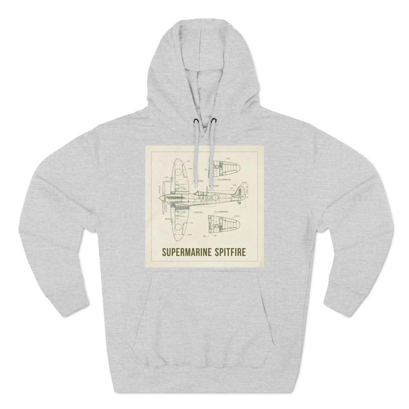 Heather grey hoodie by S&W Gallus featuring a vintage WWII Spitfire blueprint graphic on the front.