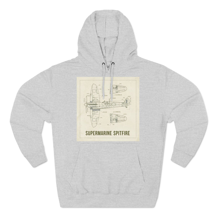 Heather grey hoodie by S&amp;W Gallus featuring a vintage WWII Spitfire blueprint graphic on the front.