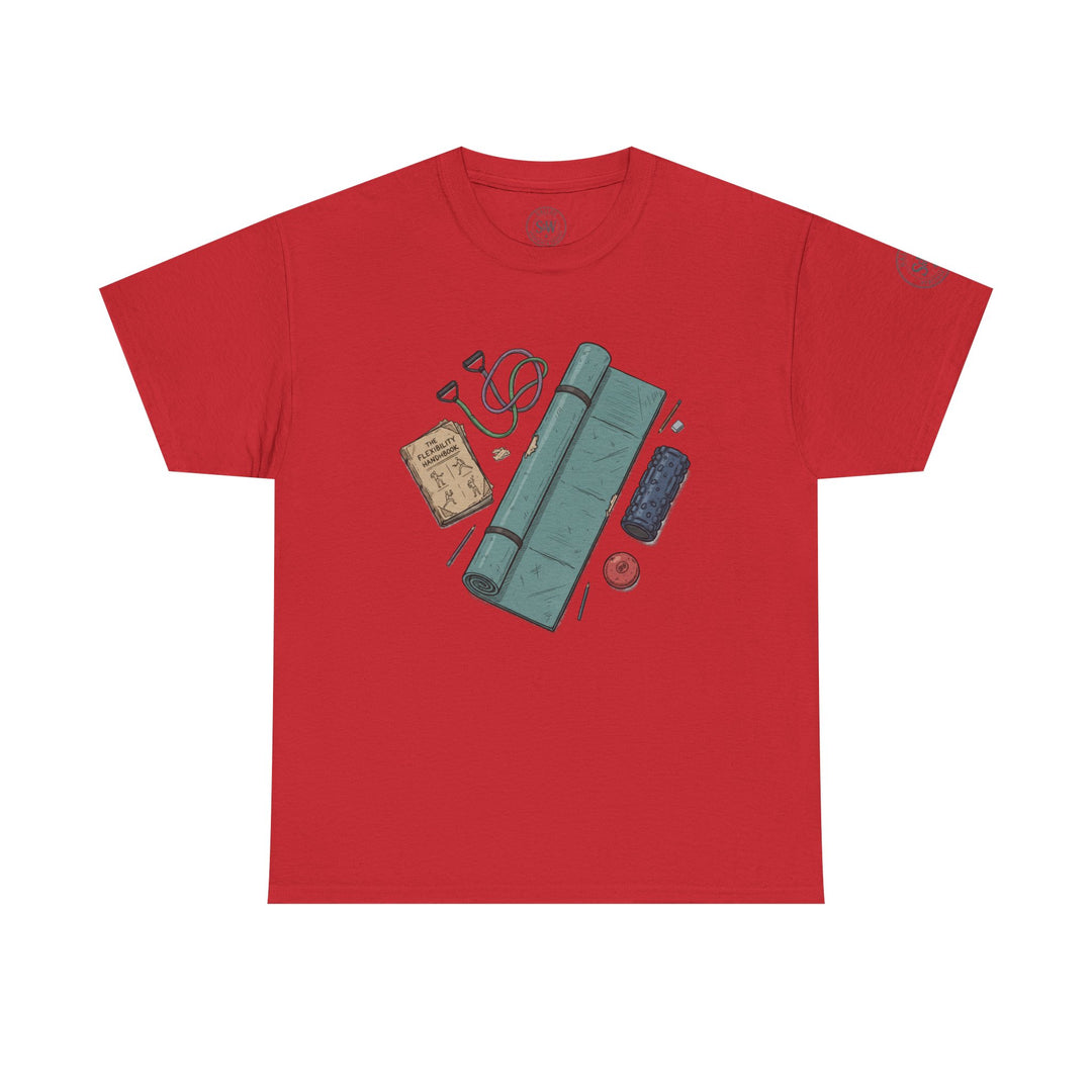 Red Flexibility Accessories Tee by S&amp;W Gallus with flexibility handbook, mat, and foam roller graphic.