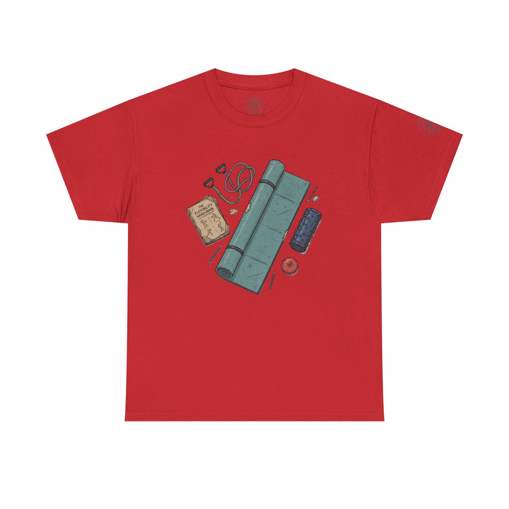 Red Flexibility Accessories Tee by S&amp;W Gallus with flexibility handbook, mat, and foam roller graphic.