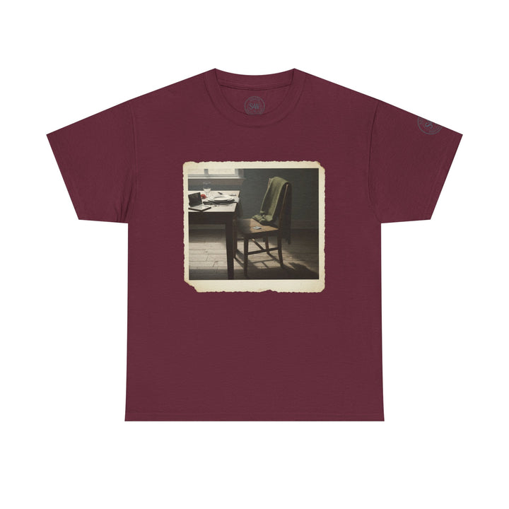 Maroon t-shirt by S&amp;W Gallus featuring a photographic print of an empty study room.