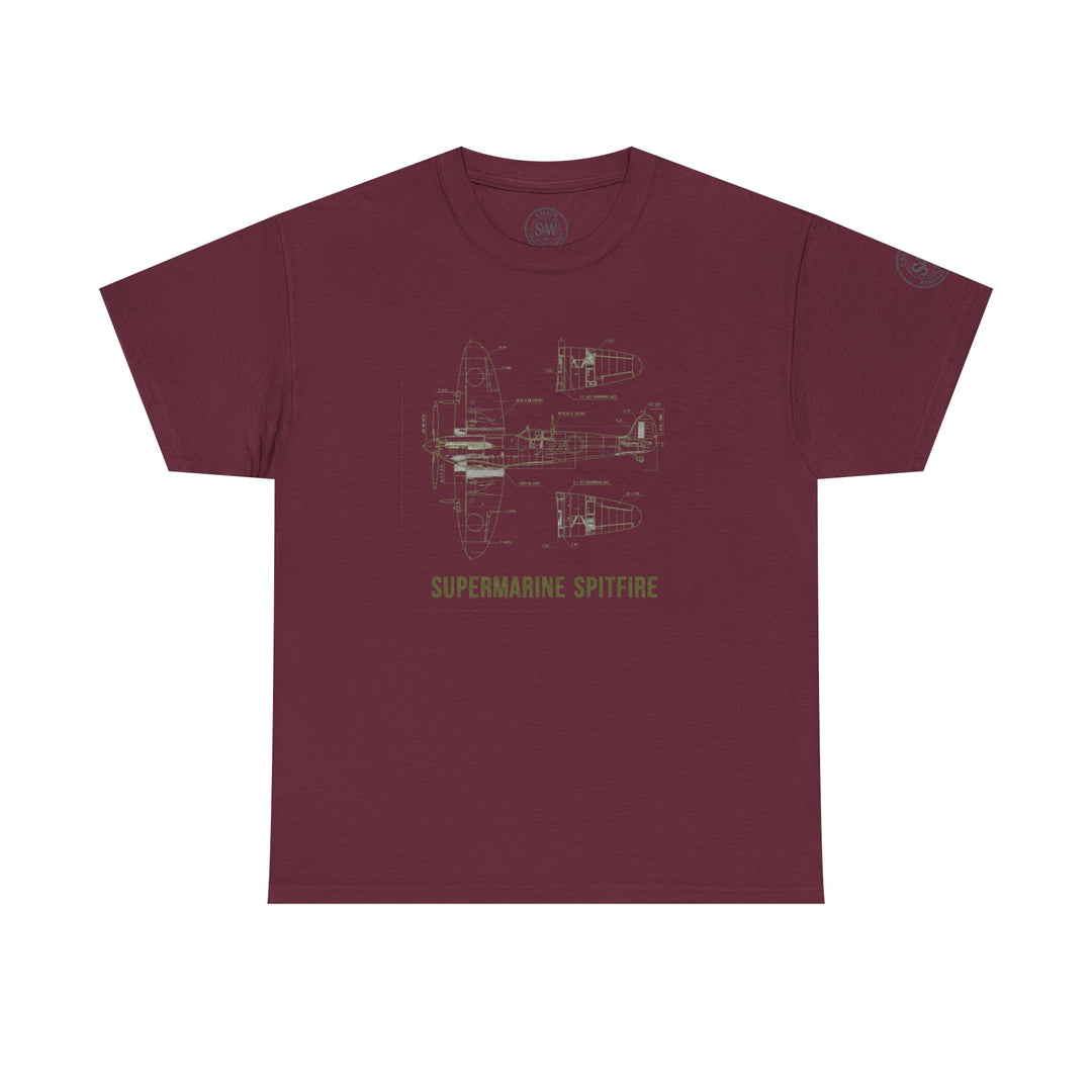 Maroon t-shirt with Supermarine Spitfire blueprint by S&amp;W Gallus, featuring schematic drawings of the aircraft.