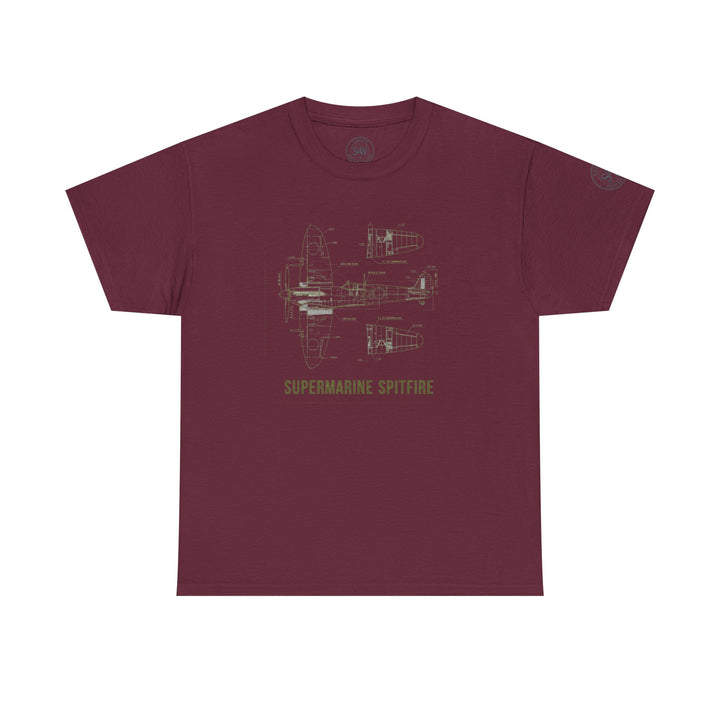Maroon t-shirt with Supermarine Spitfire blueprint by S&amp;W Gallus, featuring schematic drawings of the aircraft.