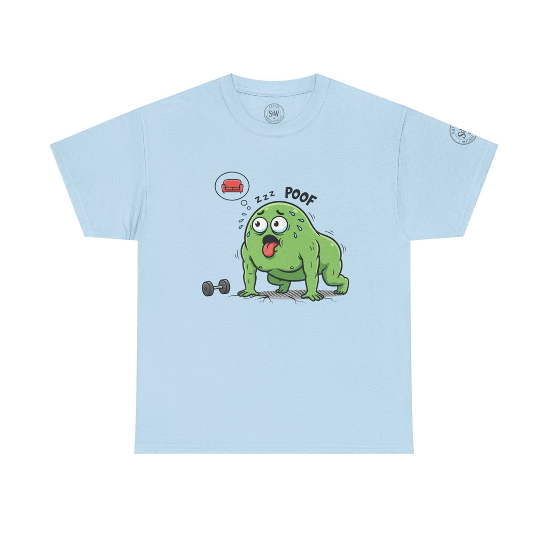 Light blue t-shirt by S&amp;W Gallus, featuring a cartoon graphic of a tired, green monster post-workout.