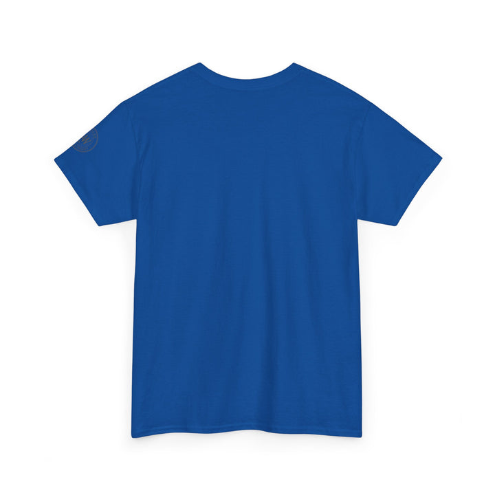 Blue Imjin River 1951 tee by S&amp;W Gallus with a round neck, short sleeves, and a graphic on the left sleeve.
