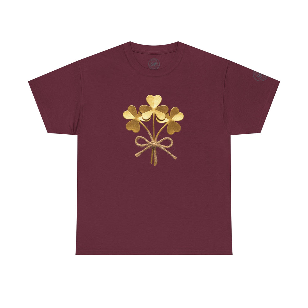 Burgundy t-shirt by S&amp;W Gallus with a golden shamrock bouquet graphic and a twine bow.