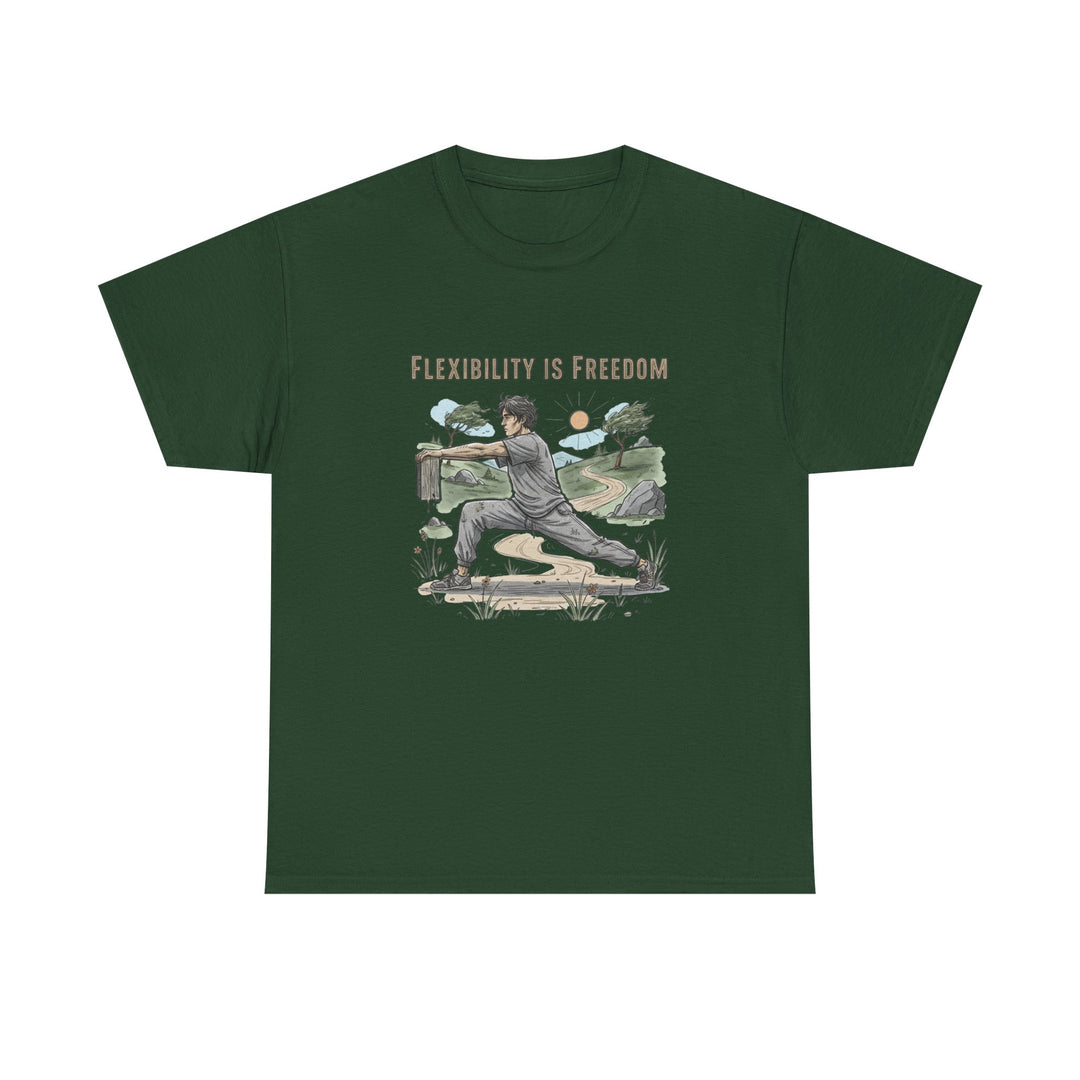 Flexibility Is Freedom Tee – soft, breathable cotton featuring a motivational design. Perfect for yoga, Pilates, stretching, or casual active lifestyle wear.