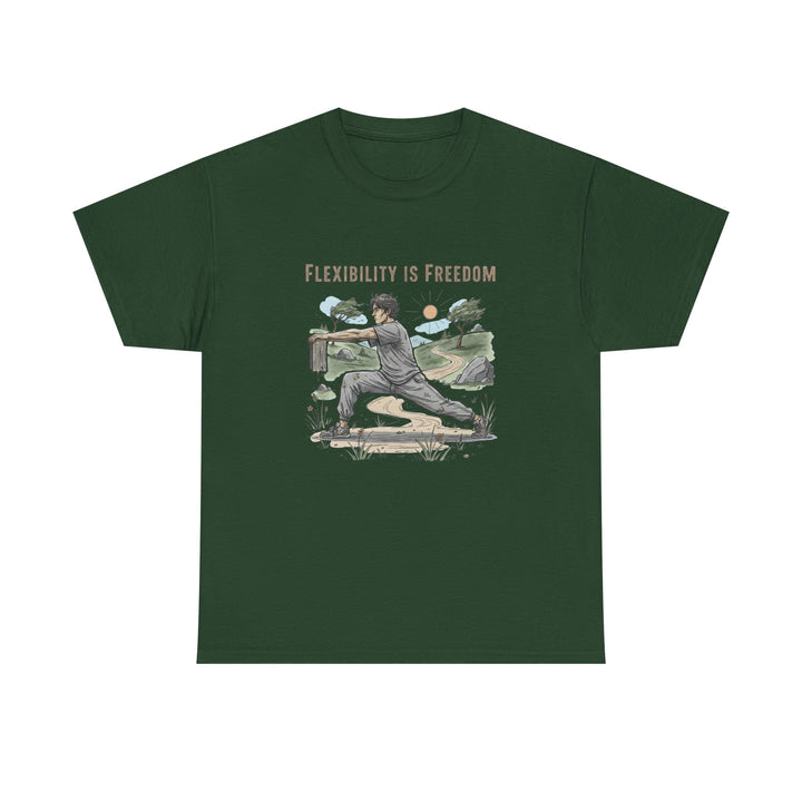 Flexibility Is Freedom Tee – soft, breathable cotton featuring a motivational design. Perfect for yoga, Pilates, stretching, or casual active lifestyle wear.