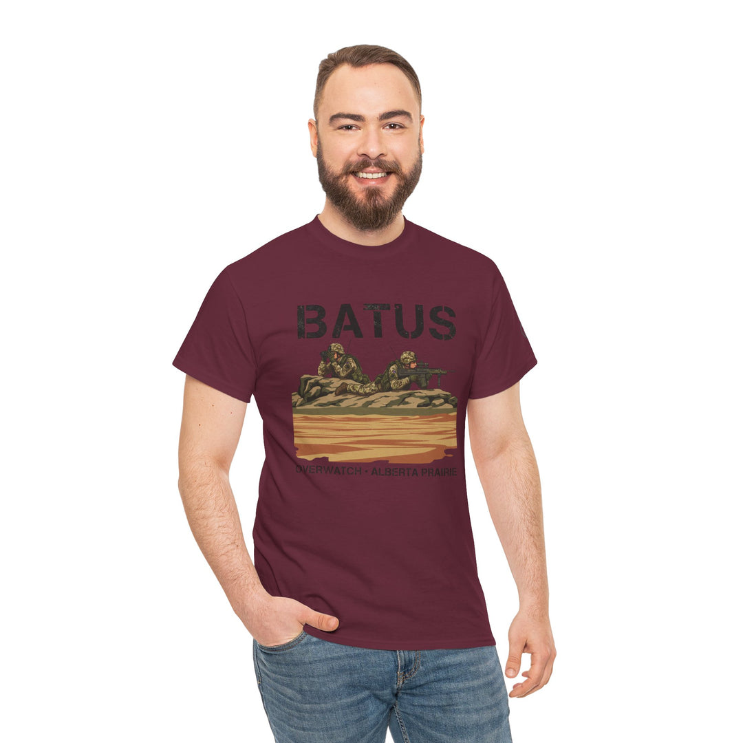 Maroon graphic T-shirt from S&amp;W Gallus, featuring military snipers and "BATUS Alberta Prairie" text, worn with denim jeans.