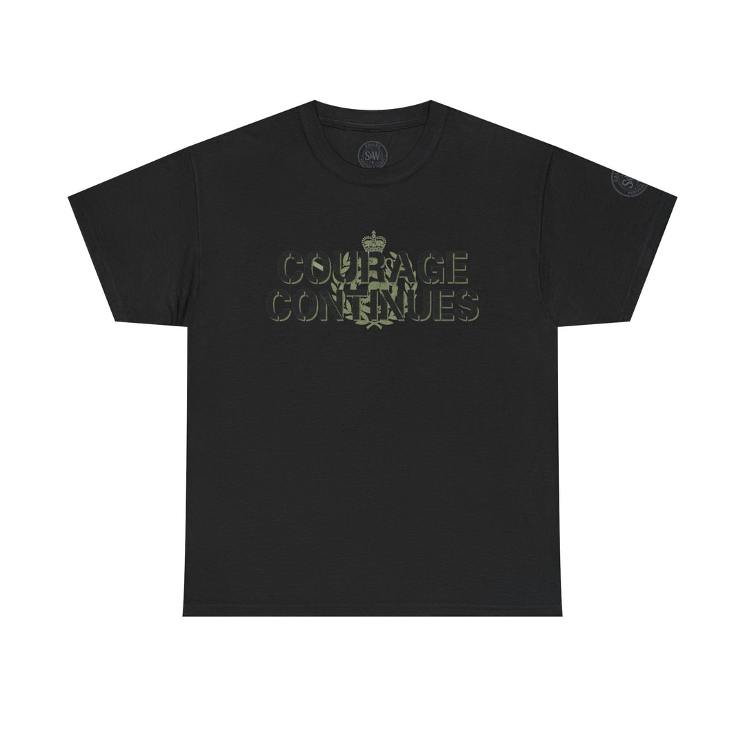 Black t-shirt by S&amp;W Gallus featuring a military-style emblem and the words "Courage Continues" in olive green.