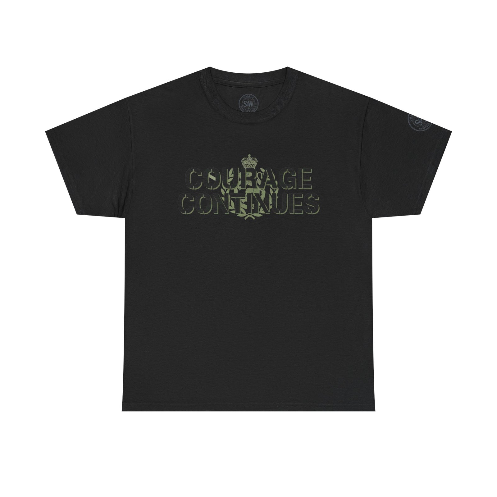 Black t-shirt by S&W Gallus featuring a military-style emblem and the words "Courage Continues" in olive green.