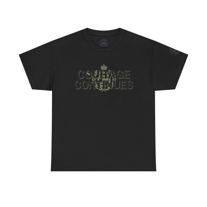 Black t-shirt by S&amp;W Gallus featuring a military-style emblem and the words "Courage Continues" in olive green.