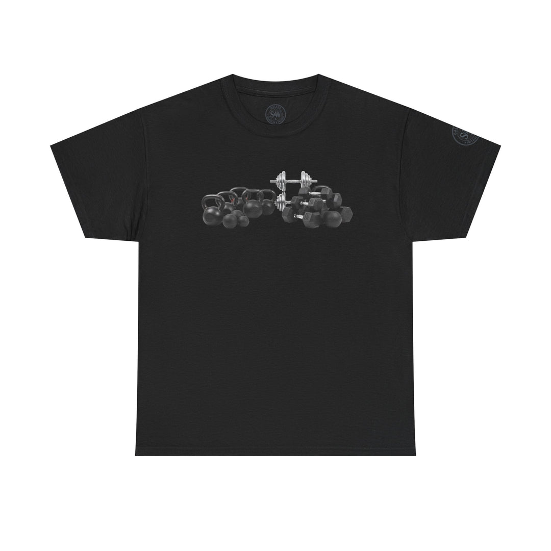 Black t-shirt by S&amp;W Gallus featuring a graphic print of vintage kettlebells and weightlifting equipment.