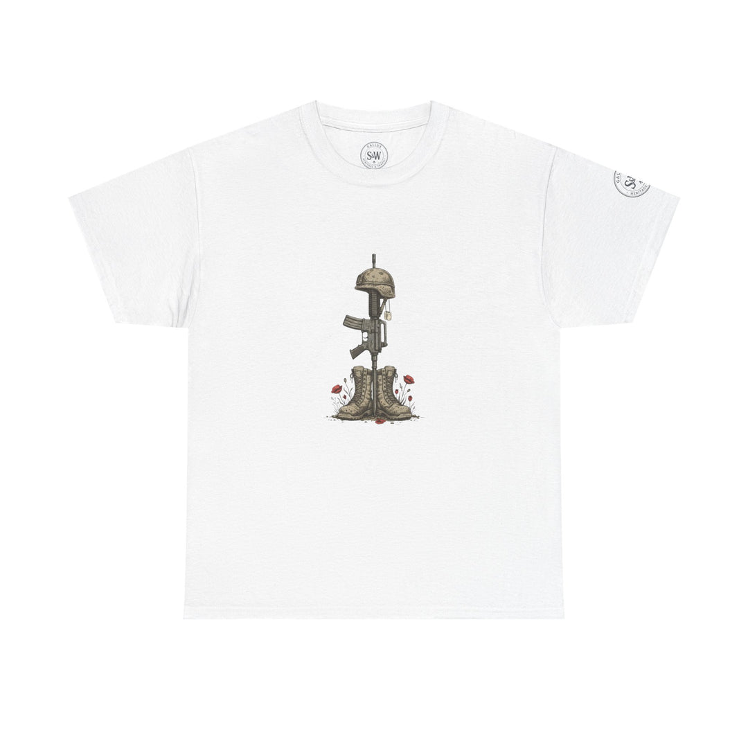 White t-shirt by S&amp;W Gallus with a military tribute graphic of boots, rifle, and helmet.