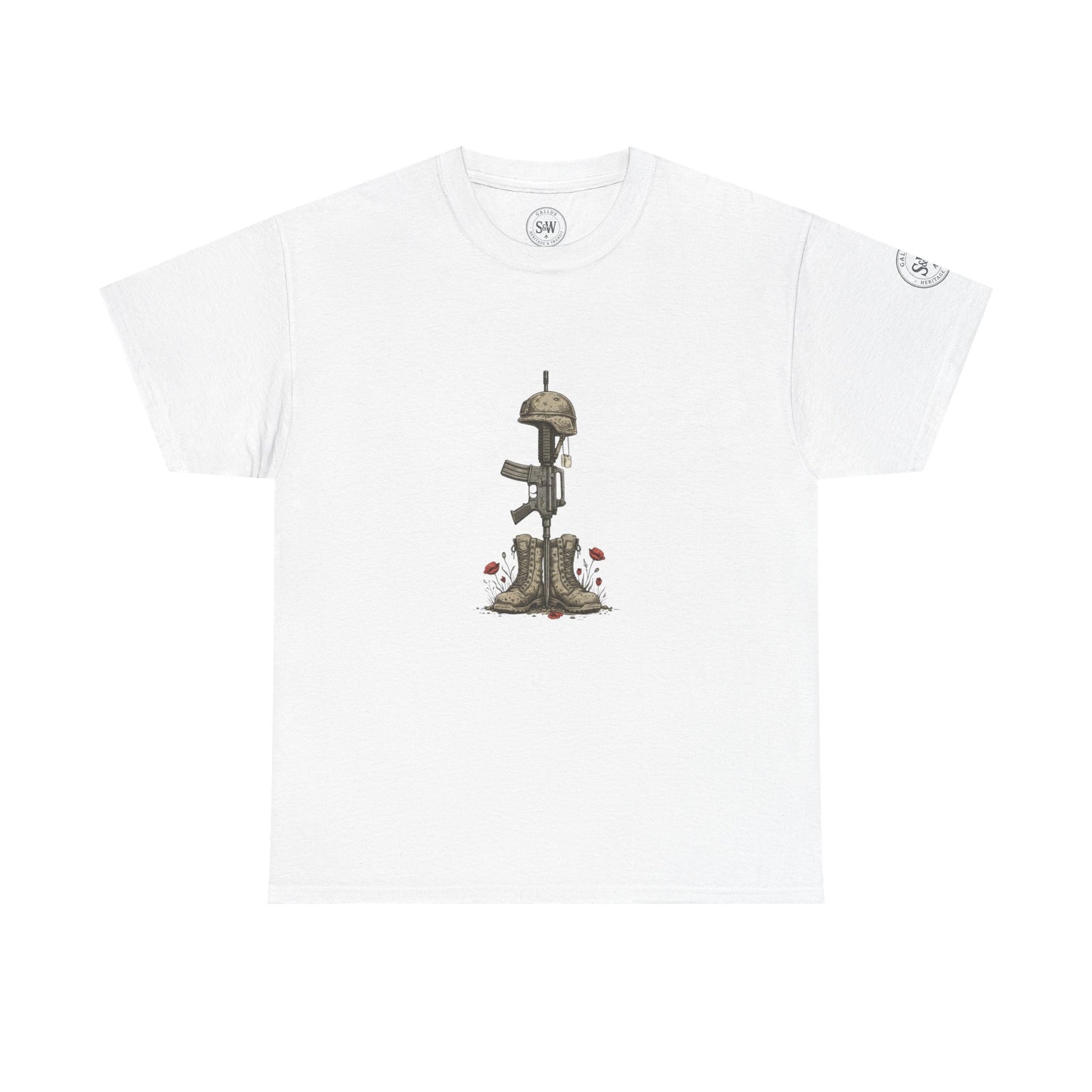White t-shirt by S&W Gallus with a military tribute graphic of boots, rifle, and helmet.