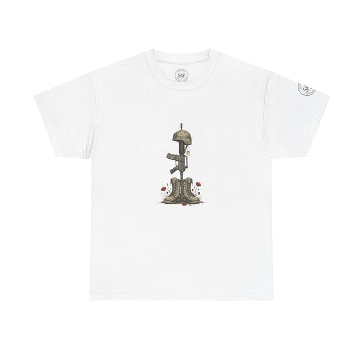 White t-shirt by S&amp;W Gallus with a military tribute graphic of boots, rifle, and helmet.