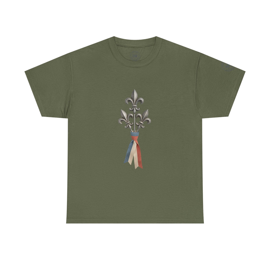 Olive green tee shirt by S&amp;W Gallus with a trio of fleur-de-lis and red, white, and blue ribbon design.