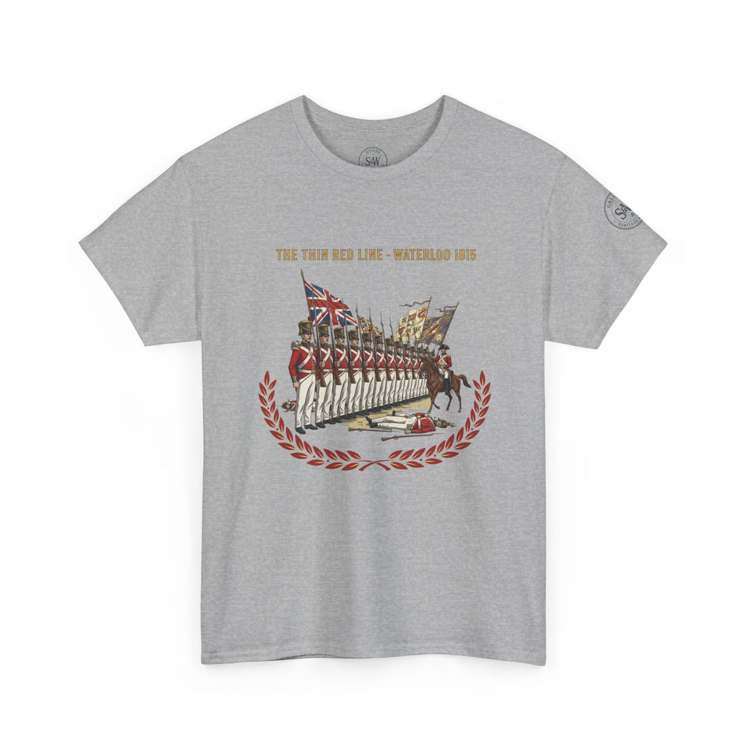 Gray t-shirt by S&amp;W Gallus featuring a vintage print of the Thin Red Line during the Battle of Waterloo, with laurel wreath.