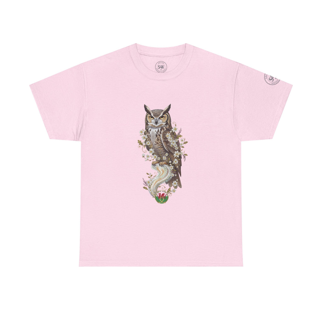 Light pink t-shirt by S&amp;W Gallus featuring an owl and Welsh dragon graphic.