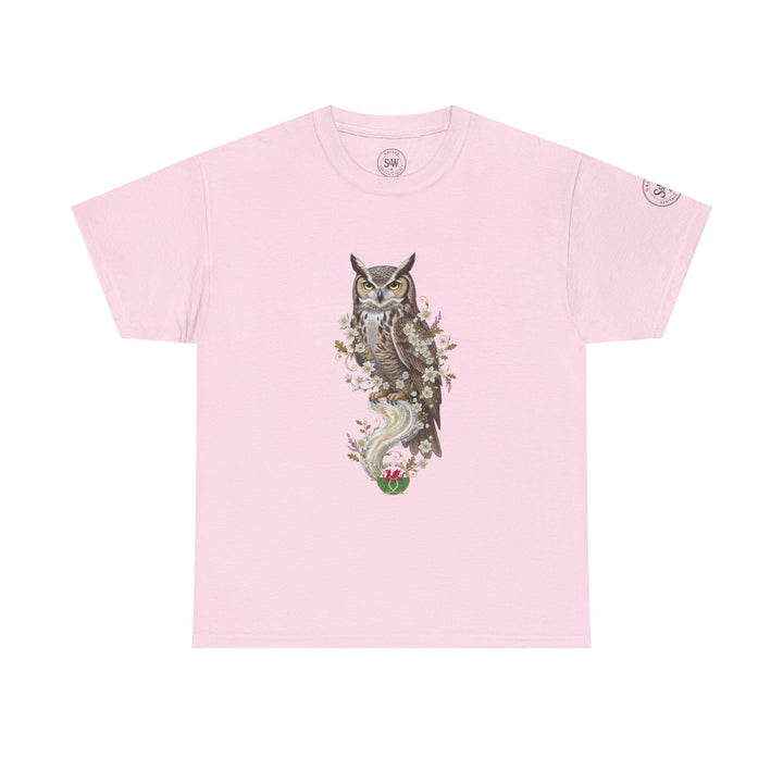 Light pink t-shirt by S&amp;W Gallus featuring an owl and Welsh dragon graphic.