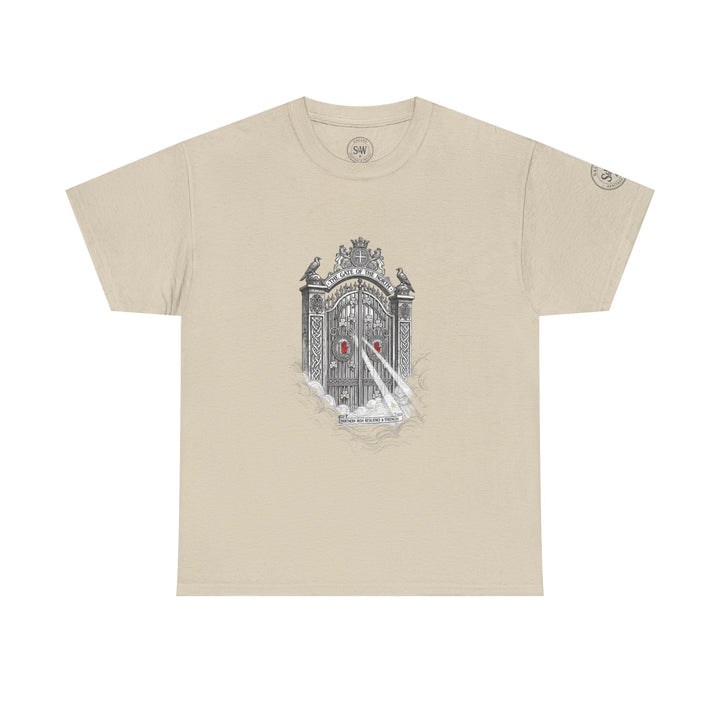 Beige graphic T-shirt by S&amp;W Gallus with a drawing of a Northern Ireland gate and related text.
