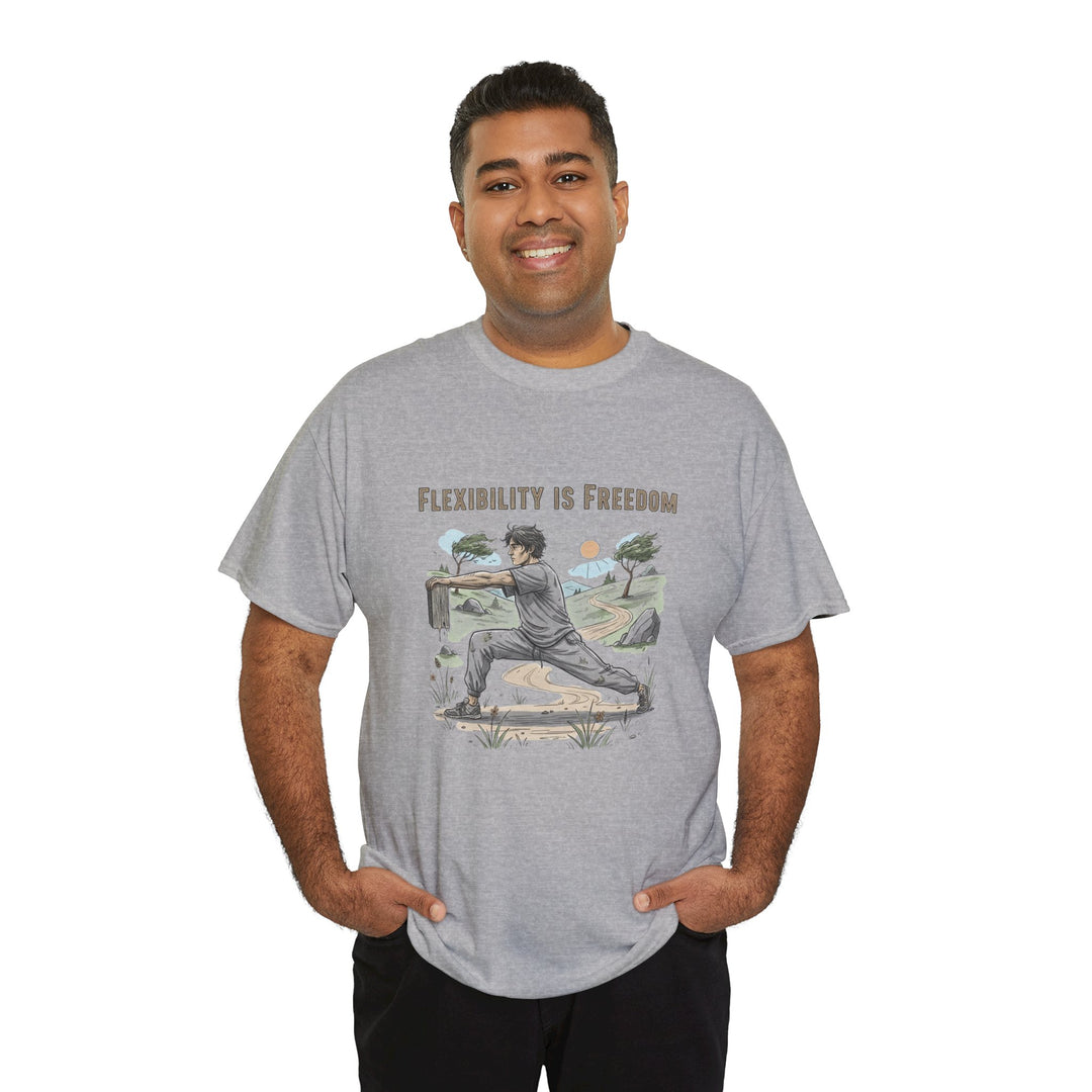 Flexibility Is Freedom Tee – soft, breathable cotton featuring a motivational design. Perfect for yoga, Pilates, stretching, or casual active lifestyle wear.