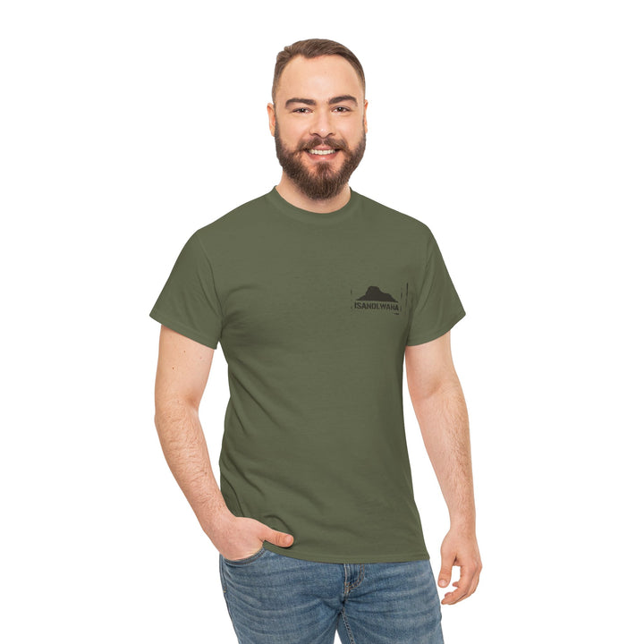 Minimal Rorke’s Drift landscape tee with “Isandlwana Over My Heart” design. Subtle Anglo-Zulu War tribute for true history enthusiasts.