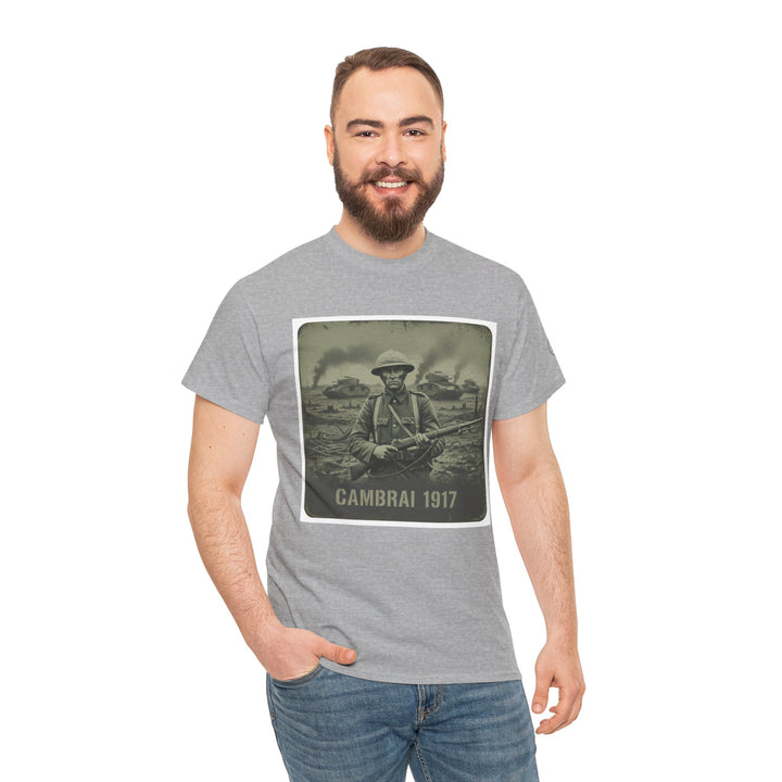 Gray Cambrai 1917 T-shirt by S&amp;W Gallus, featuring a vintage World War I soldier graphic on the front, worn with blue jeans.