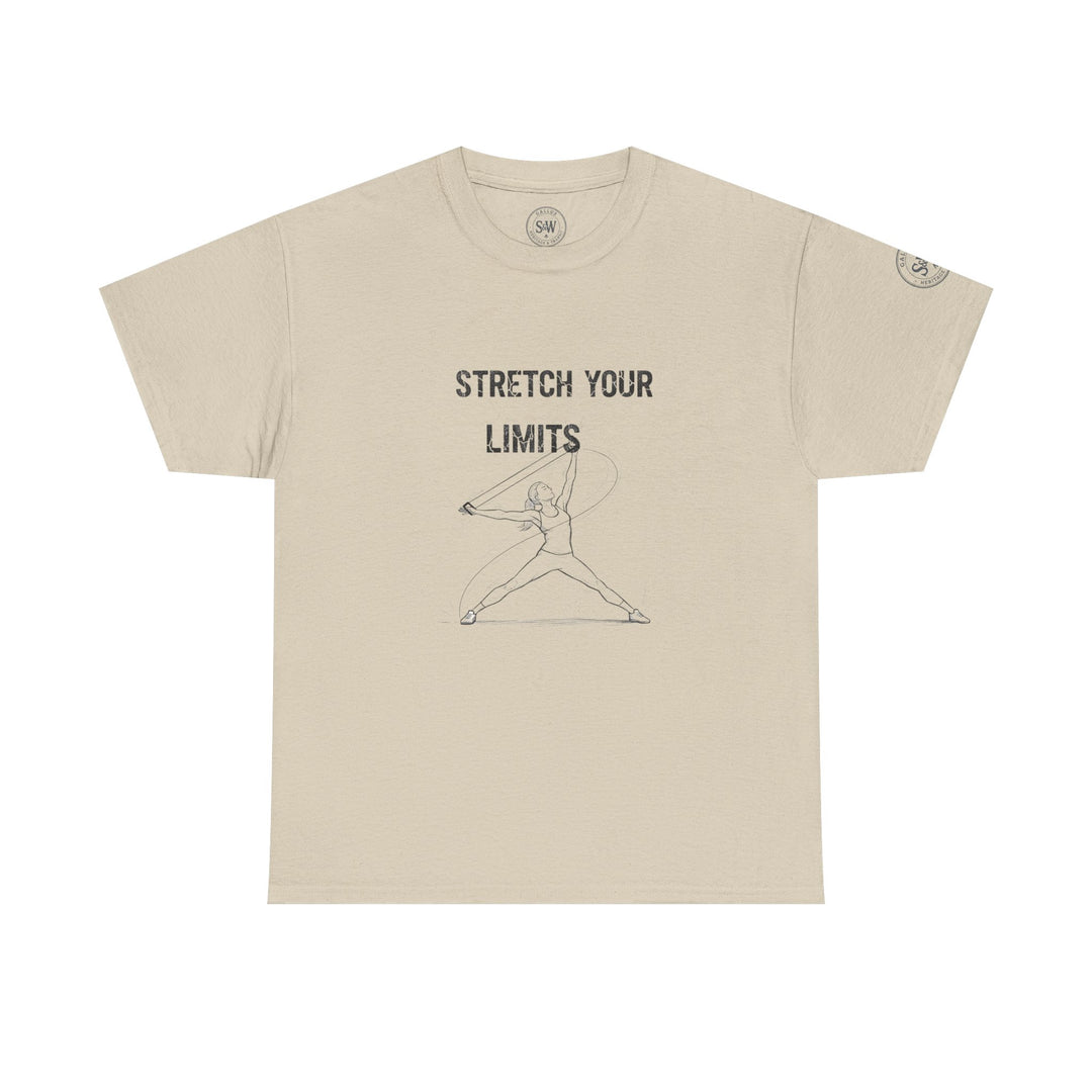 Beige t-shirt by S&amp;W Gallus with "Stretch Your Limits" text and a figure with resistance bands.