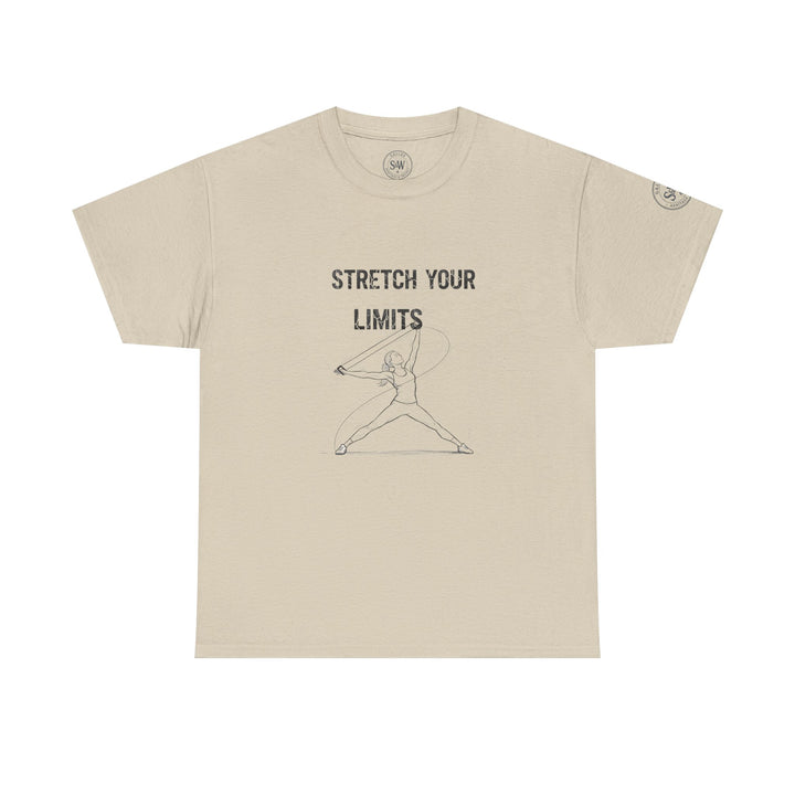 Beige t-shirt by S&amp;W Gallus with "Stretch Your Limits" text and a figure with resistance bands.