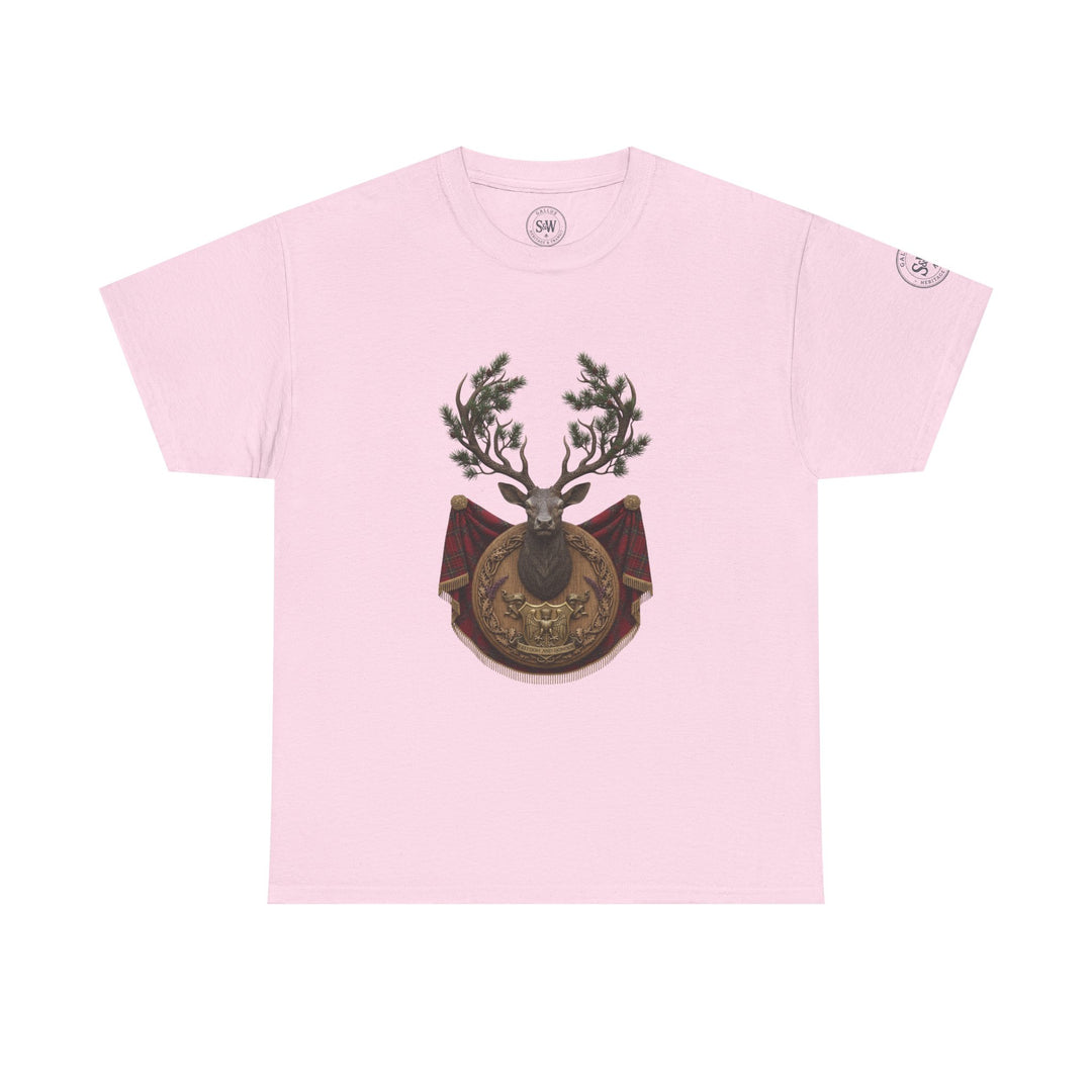 Pink T-shirt by S&amp;W Gallus, featuring a stag crest graphic on the front.
