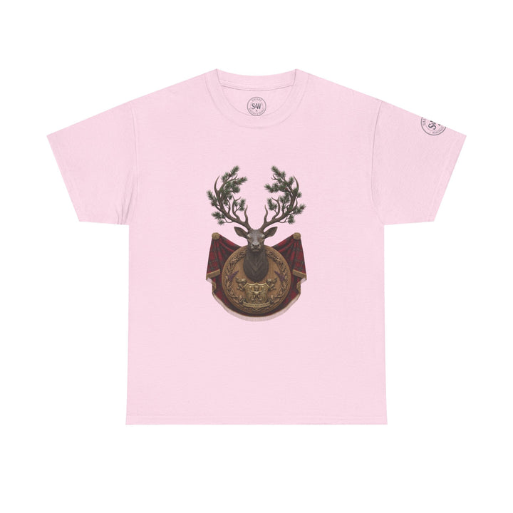 Pink T-shirt by S&amp;W Gallus, featuring a stag crest graphic on the front.
