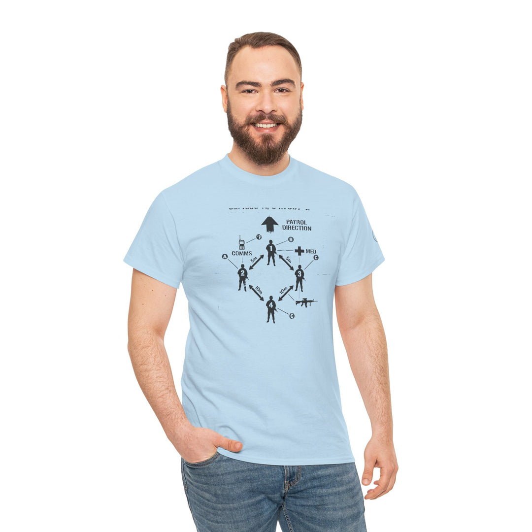 Light blue Tactics Diagram Tee by S&amp;W Gallus displaying a tactical instruction diagram, worn with blue jeans.
