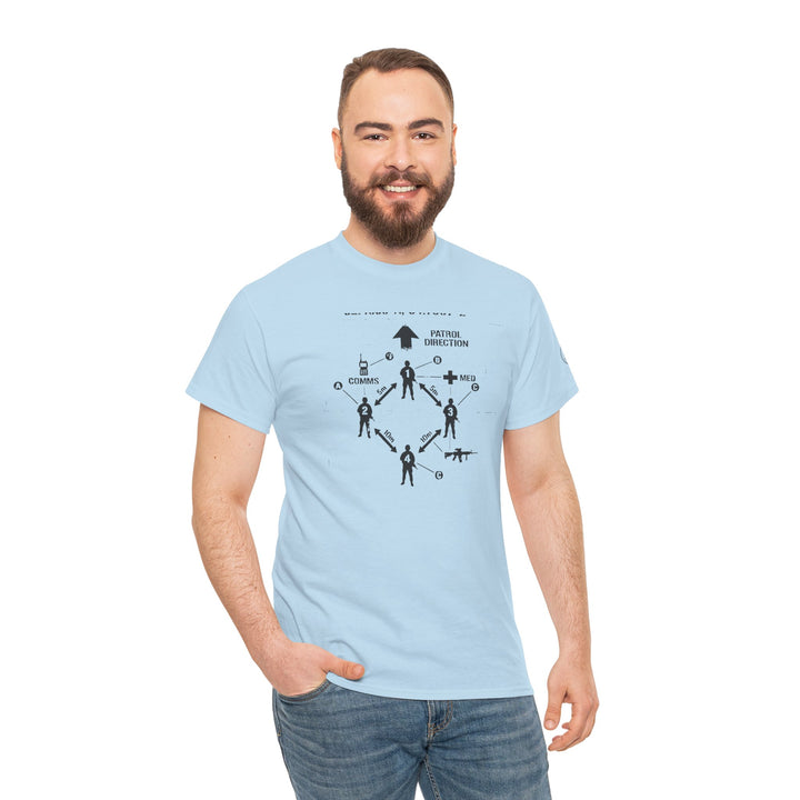 Light blue Tactics Diagram Tee by S&amp;W Gallus displaying a tactical instruction diagram, worn with blue jeans.
