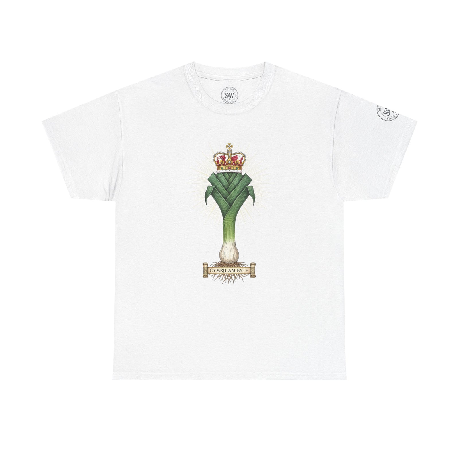 White t-shirt by S&W Gallus, featuring a leek and crown graphic with a Welsh banner.