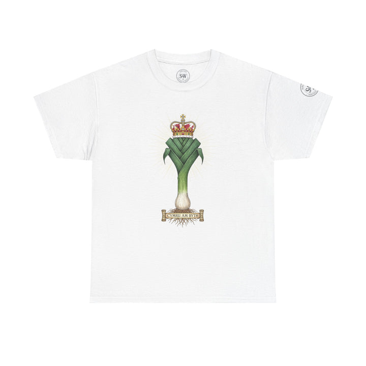 White t-shirt by S&amp;W Gallus, featuring a leek and crown graphic with a Welsh banner.