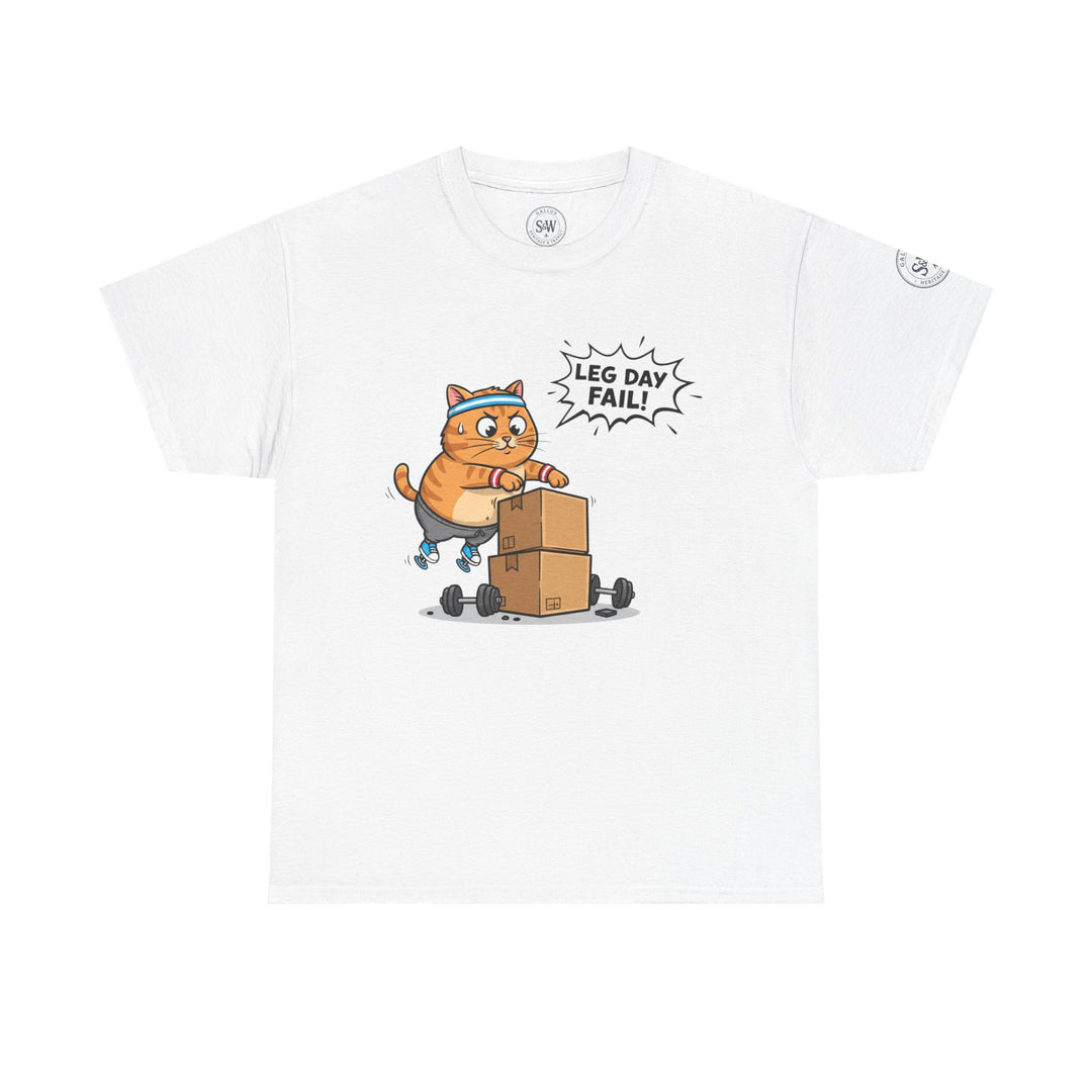 White cat gym t-shirt by S&amp;W Gallus, featuring a cartoon cat failing to lift weights.