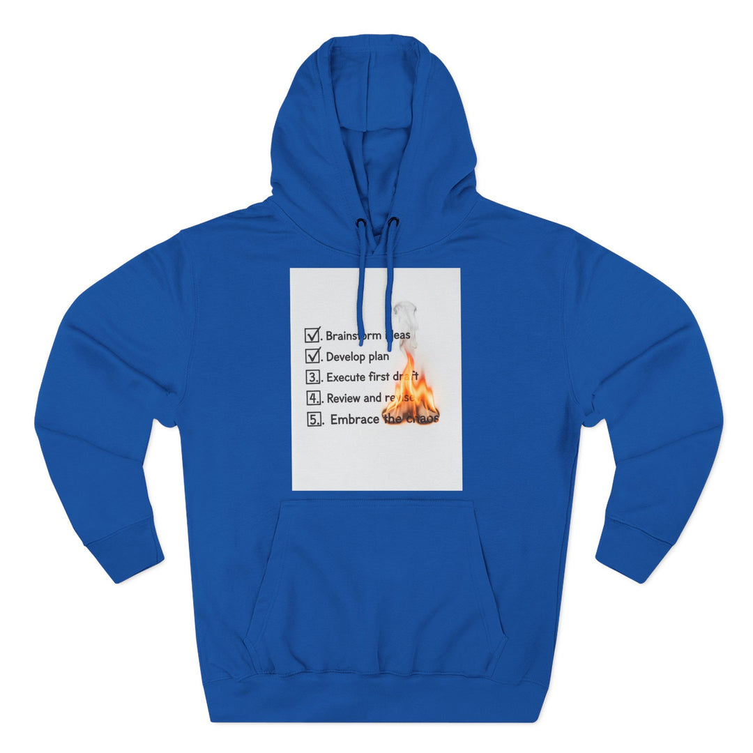 Royal blue hoodie by S&amp;W Gallus featuring a white graphic checklist over a fiery background.